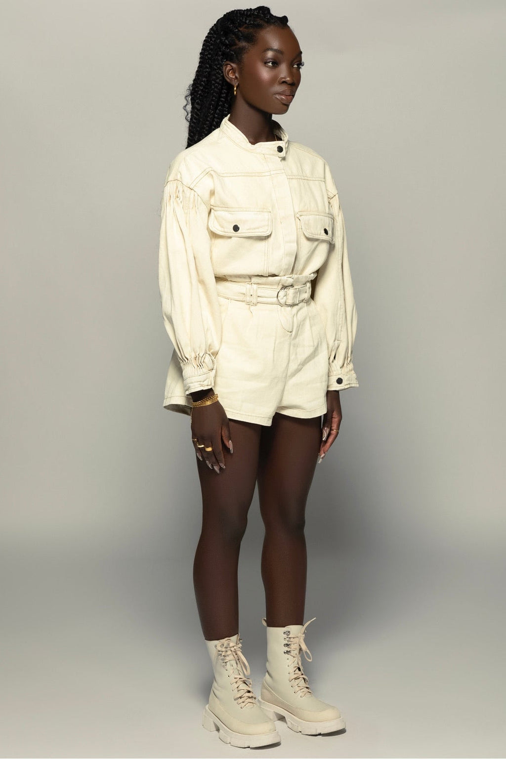 Beige Denim Shirt + Shorts Set