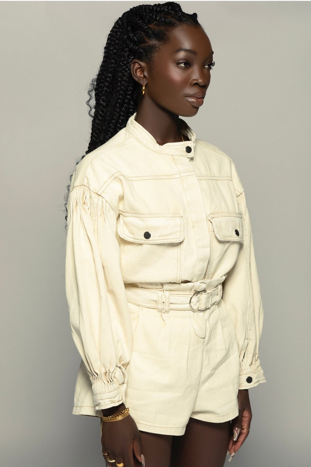 Beige Denim Shirt + Shorts Set